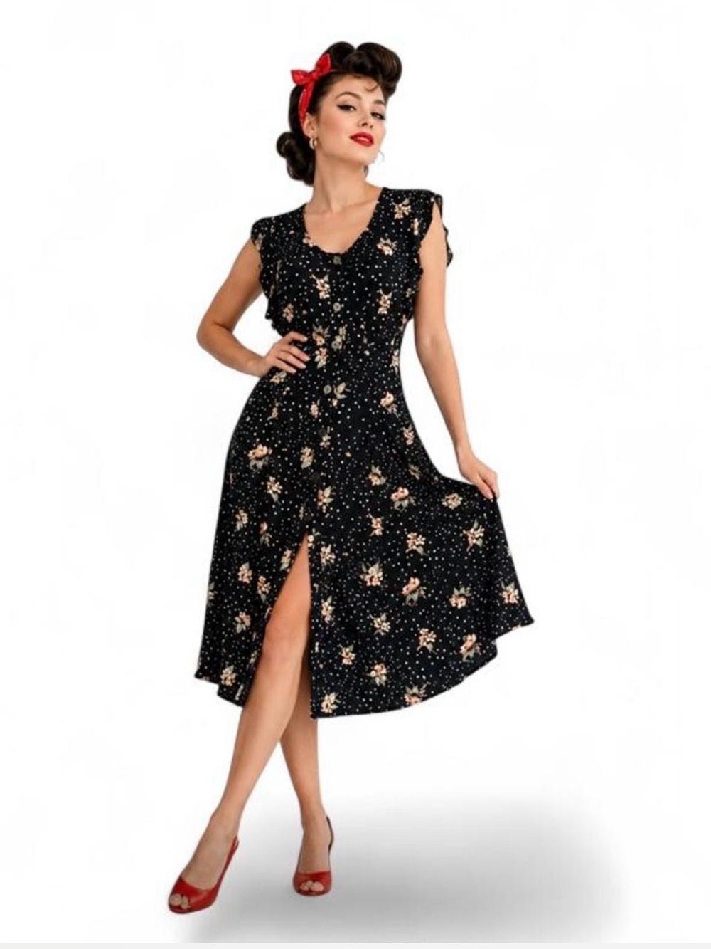 Ditsy Begonia Style Midi Dress in Black Floral Polka Dot Button-up Front Medium
